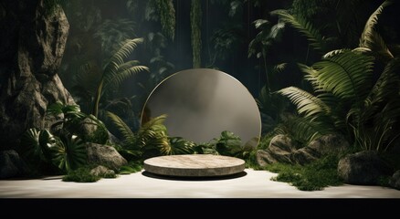 an abstract stone on a table surrounded by tropical plants,