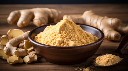 Fototapeta premium Ginger root and ginger powder in the bowl. ai generative