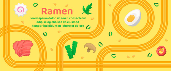 Ramen soup with meat, egg, mushrooms, kamaboko, pepper, nori and geometric wavy lines of noodles. Asian instant noodle, pasta and spaghetti. Japanese, Chinese wavy template for banner, menu, card, ad