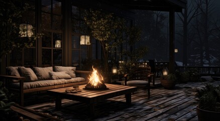 Fototapeta na wymiar an outdoor night scene with some outdoor furniture,
