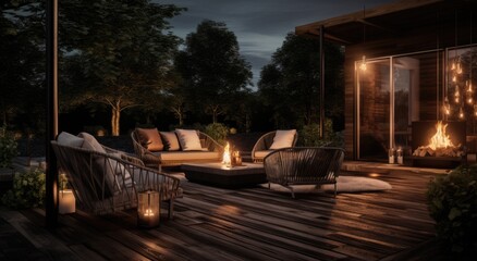 an outdoor night scene with some outdoor furniture,