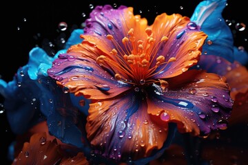 an orange and blue flower with water drops,