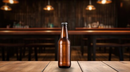 Beer bottle with blank front, realistic on a mockup template in a wooden table in a irish pub - obrazy, fototapety, plakaty