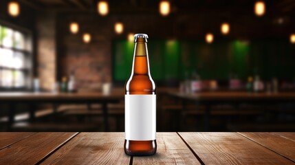 Beer bottle with blank front, realistic on a mockup template in a wooden table in a irish pub - obrazy, fototapety, plakaty