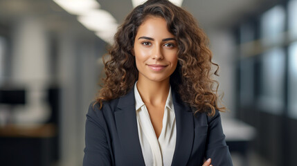 Confident female entrepreneur businesswoman standing with modern office building background, AI Generated