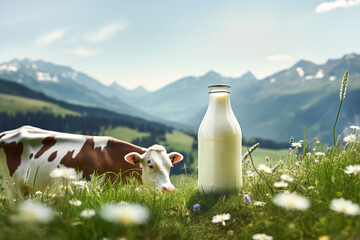 Bottle of milk standing on an Alpine meadow with green grass on a sunny summer day. Blue sky mountains cow in the background. Dairy production healthy diet concept - obrazy, fototapety, plakaty