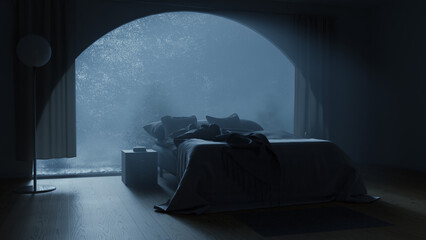 3d rendering of cosy bedroom with an icy arched window at night