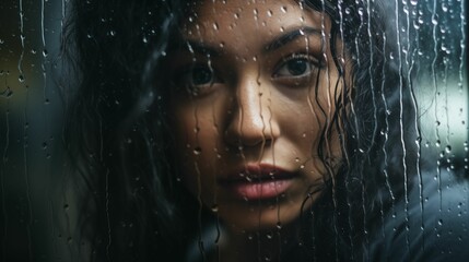 Face of a young, beautiful woman behind wet glass.