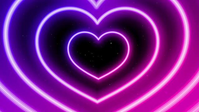 Neon lights love heart tunnel particle background. Love heart loop. 4k