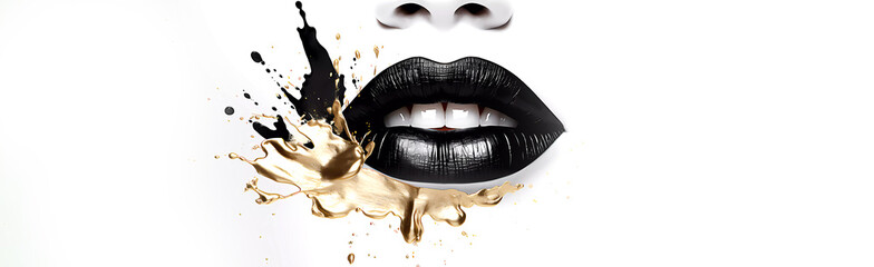 Lips on a white background. Black and gold. A splash of colors. Banner. AI generated. Edited in Photoshop