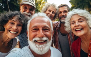 Group of happy smiling european senior people taking selfie