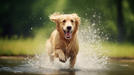 Dog run on watery meadow after rain, water sprinkles. Dog have fun in puddle at outdoors