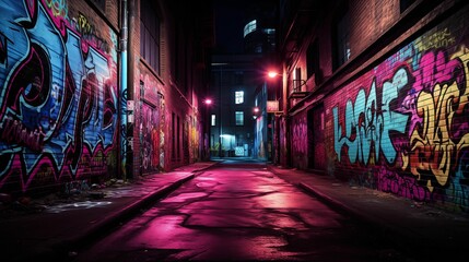 Image of a dark alley with graffiti on the walls.
