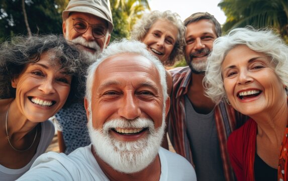 Group of happy smiling european senior people taking selfie
