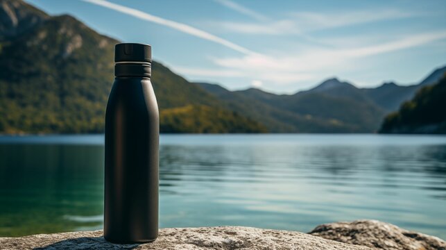 Image of a black thermo water bottle the backdrop of a serene lake.