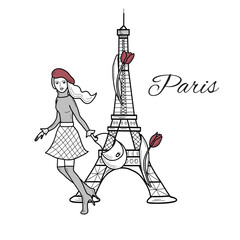 Young running girl in beret with a bag on a background with Eiffel Tower with tulip flowers in Paris. Vector illustration, line art isolated.