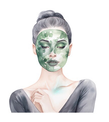 Woman in cosmetic mask, watercolor clipart illustration with isolated background.