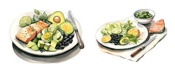Healthy eating dinner, watercolor clipart illustration with isolated background.