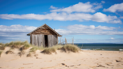A rustic beach hut stands alone amidst sand dunes with the calm sea in the background.