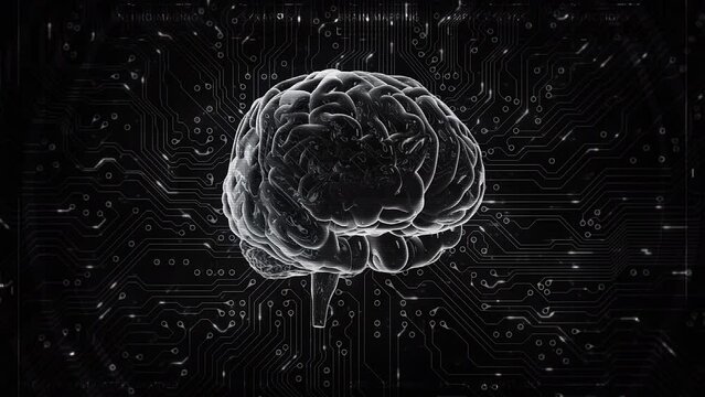 Animation of Rotating Brain Model with Neural Network Iridescent Impulses Showing Brainstorming Neuronal Activity. Artificial Intelligence with Circuit Board.