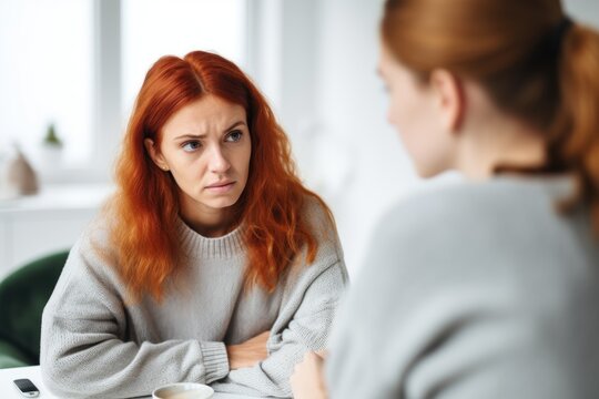 Two excited young women with red long hair talking at the table at home