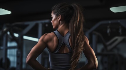 Image of a fitness woman focusing on biceps and back training in the gym. - obrazy, fototapety, plakaty