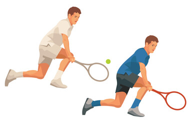 Two figures of a tennis player in a blue and white sports uniform hitting a ball crouching down