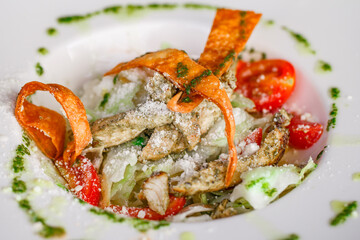 Chicken breast salad with tomatoes and cheese in plate, close-up, selective focus