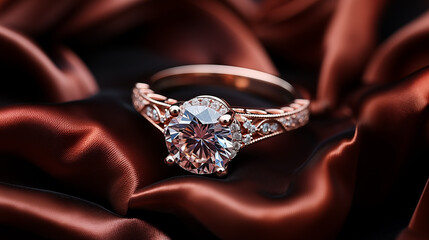 Engagement golden ring with diamond and small gems editorial photo placed on the minimalistic silk satin fabric stand