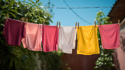 clothes hanging on a line outside to dry, laundry, clothes, colorful clothes, colors, laundry