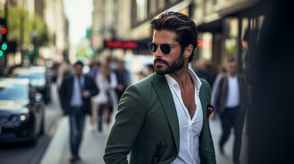 Stylish man wearing sunglasses and white shirt walking on a city street - obrazy, fototapety, plakaty