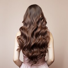 Fototapeta premium back view of a girl with beautiful wavy healthy curly long shiny brown hair