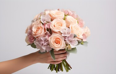 woman hand is holding a festive bouquet with rose flowers on white background