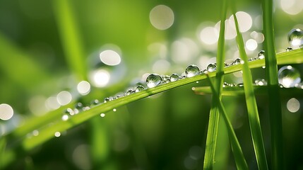 Image of grass blades adorned with glistening dewdrops.
