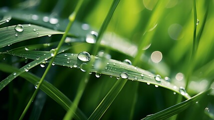 Image of grass blades adorned with glistening dewdrops.