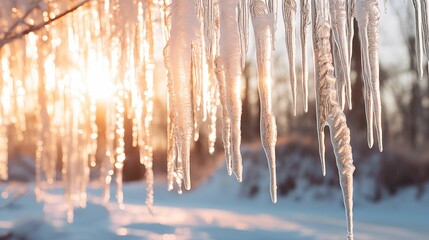 Image of icicles hanging gracefully in a winter landscape. - obrazy, fototapety, plakaty