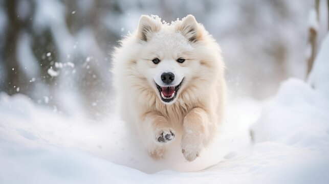 Image of happy dog running in the snow.