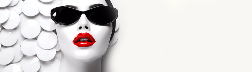 Girl with red lips in black glasses on a white abstract background. Banner. AI generated. Edited in Photoshop