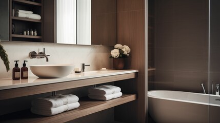 Fototapeta na wymiar Image of modern bathroom interior adorned with plush towels.