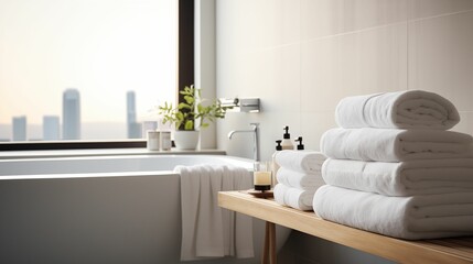 Fototapeta na wymiar Image of modern bathroom interior adorned with plush towels.