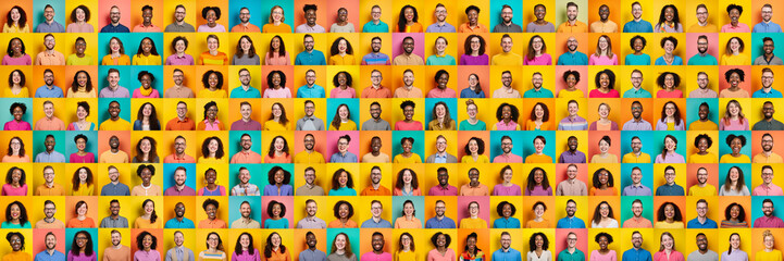 Many Headshots of a smiling men and women of all ages on a colorful background looking at the camera