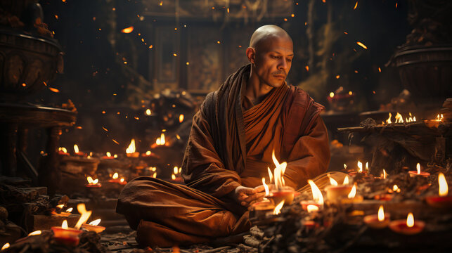 Buddhist Monk in Deep Meditation, Surrounded by Incense Candles in an Ornate Temple. Concept of Spiritual Serenity, Devotion, and Sacred Tranquility.
