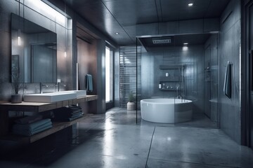 Interior of bathroom in high-tech style  in luxury house.