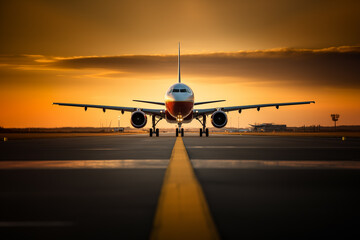 Photo of landing plane on runway in golden hour