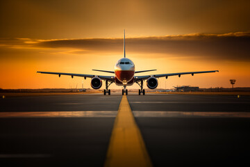 Obraz premium Photo of landing plane on runway in golden hour