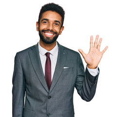 Young african american man wearing business clothes showing and pointing up with fingers number five while smiling confident and happy.