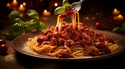 Image of spaghetti coated in rich bolognese sauce.