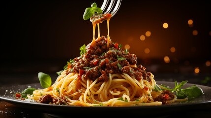 Image of spaghetti coated in rich bolognese sauce.