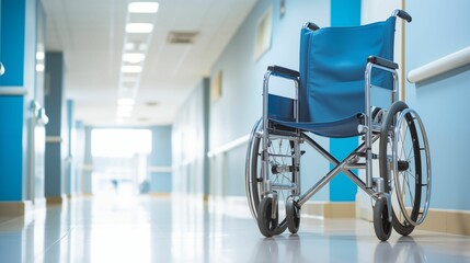Image of wheelchair positioned in a hospital corridor.