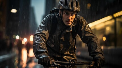 Fototapeta na wymiar Man riding a bicycle in the pouring rain.